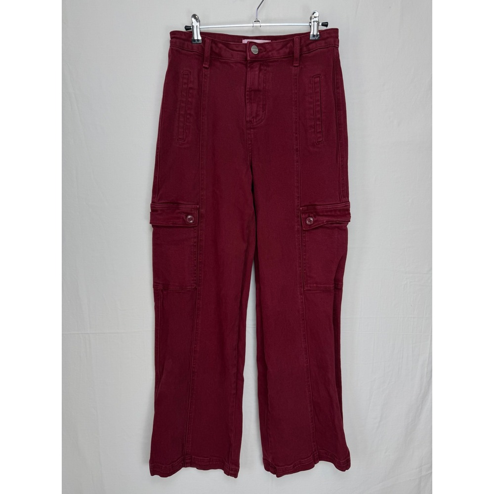 Risen Women Pants 3/26 Burgundy Cargo Wide Leg High Rise RDP5564 Utility Pocket